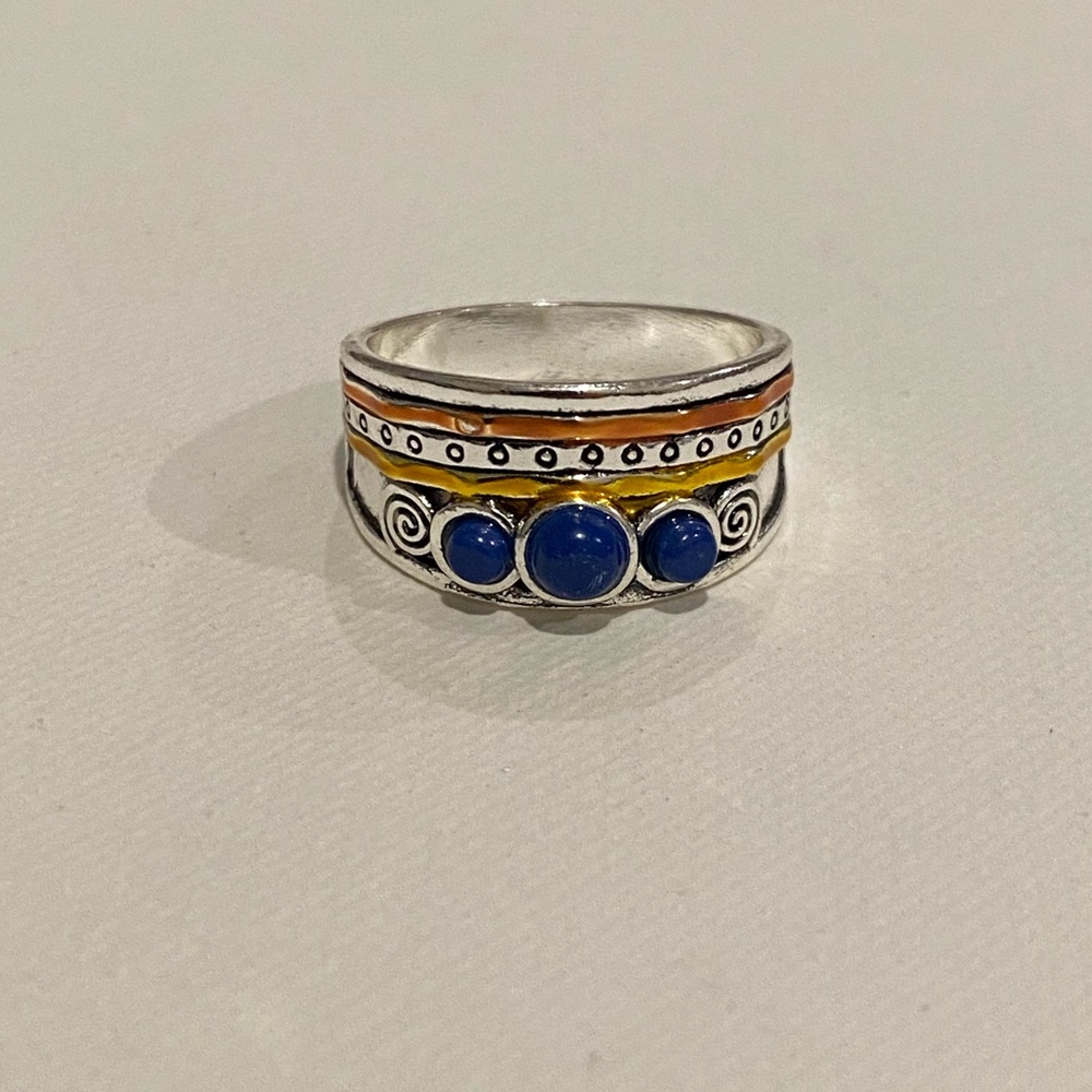 Lapis lazuli mixed metal boho vintage style ring size 9 - Picture 2 of 3